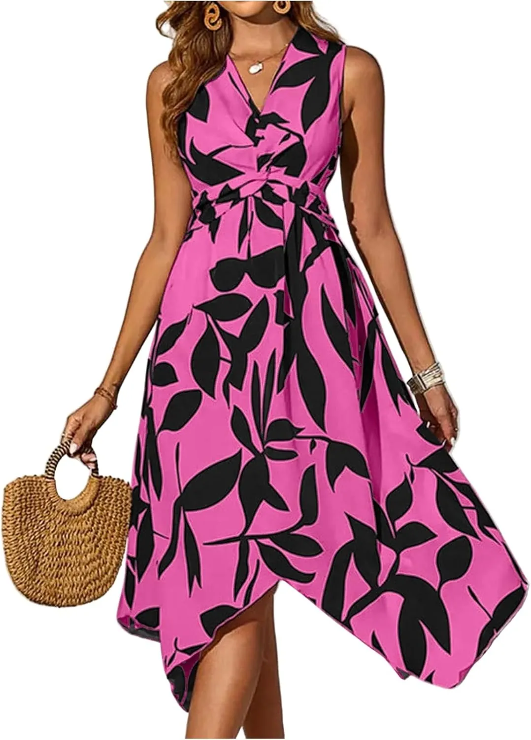 Womens Spring Dress Short Sleeve Classy Belted V-Neck Sundress and Asymmetric Hem Beach Tie Waist Floral Print Midi Dress