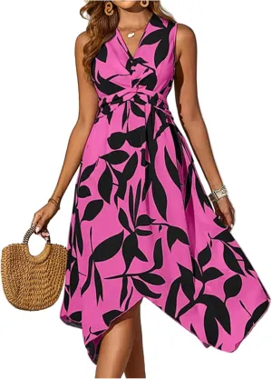 Womens Spring Dress Short Sleeve Classy Belted V-Neck Sundress and Asymmetric Hem Beach Tie Waist Floral Print Midi Dress