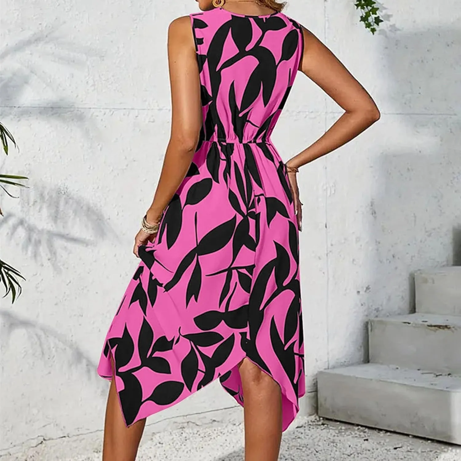 Womens Spring Dress Short Sleeve Classy Belted V-Neck Sundress and Asymmetric Hem Beach Tie Waist Floral Print Midi Dress