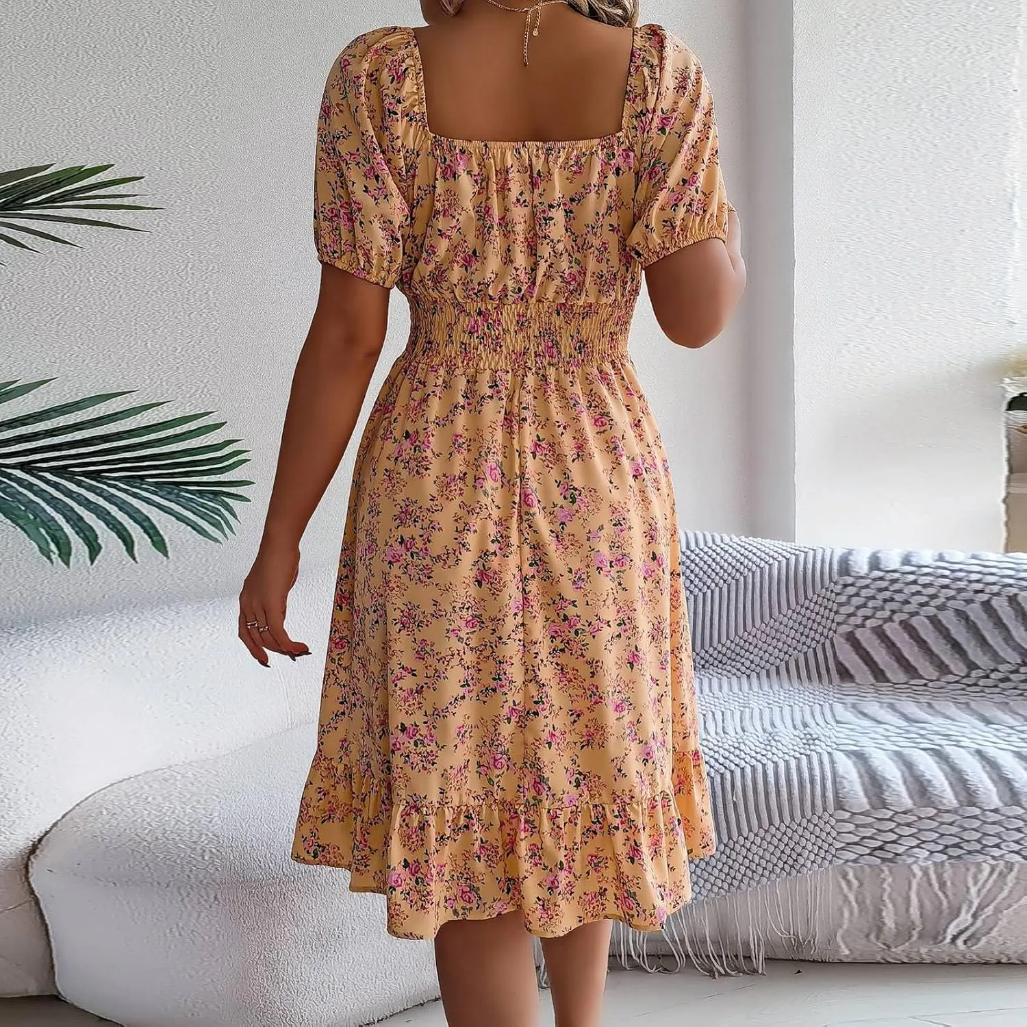 Women's Summer Casual Loose Trendy Sun Dress Square Neck Short Sleeve Floral Print Boho Dresses, S-XL