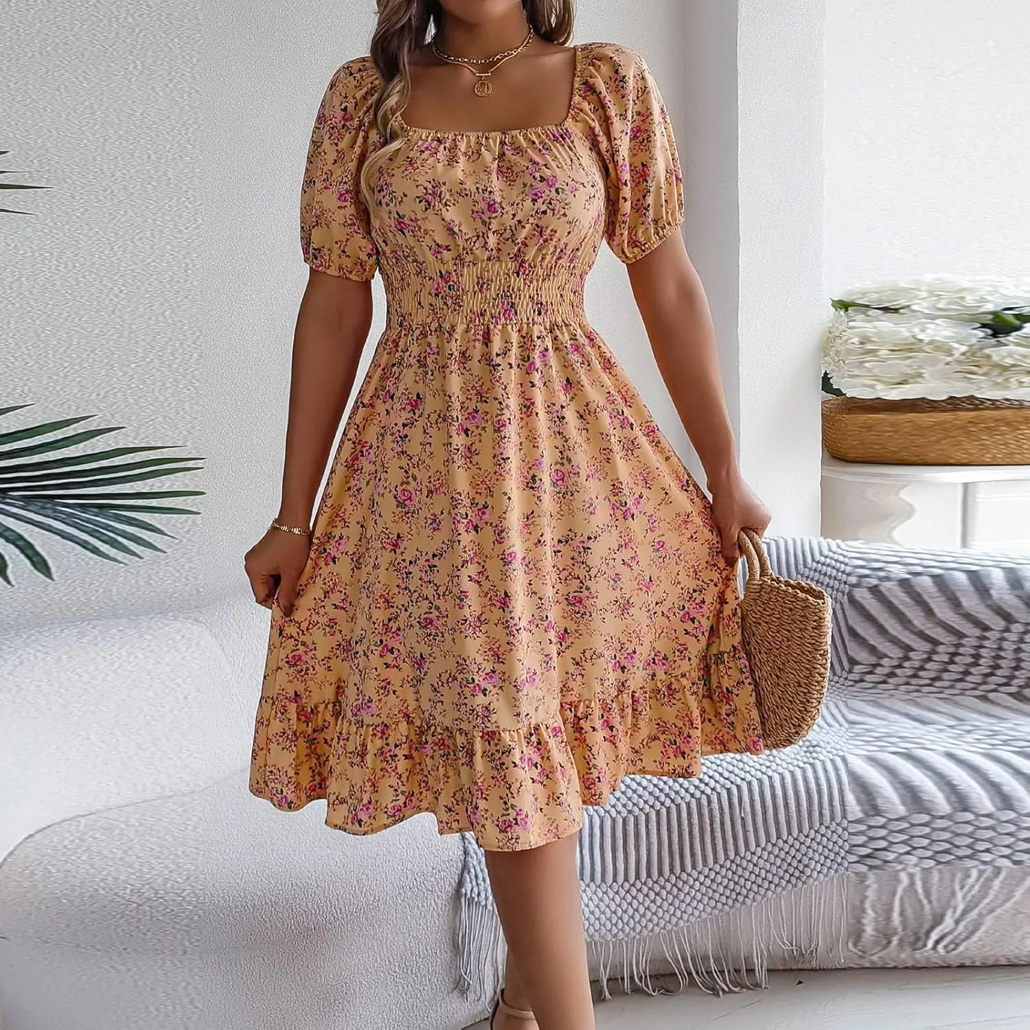 Women's Summer Casual Loose Trendy Sun Dress Square Neck Short Sleeve Floral Print Boho Dresses, S-XL