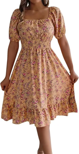 Women's Summer Casual Loose Trendy Sun Dress Square Neck Short Sleeve Floral Print Boho Dresses, S-XL