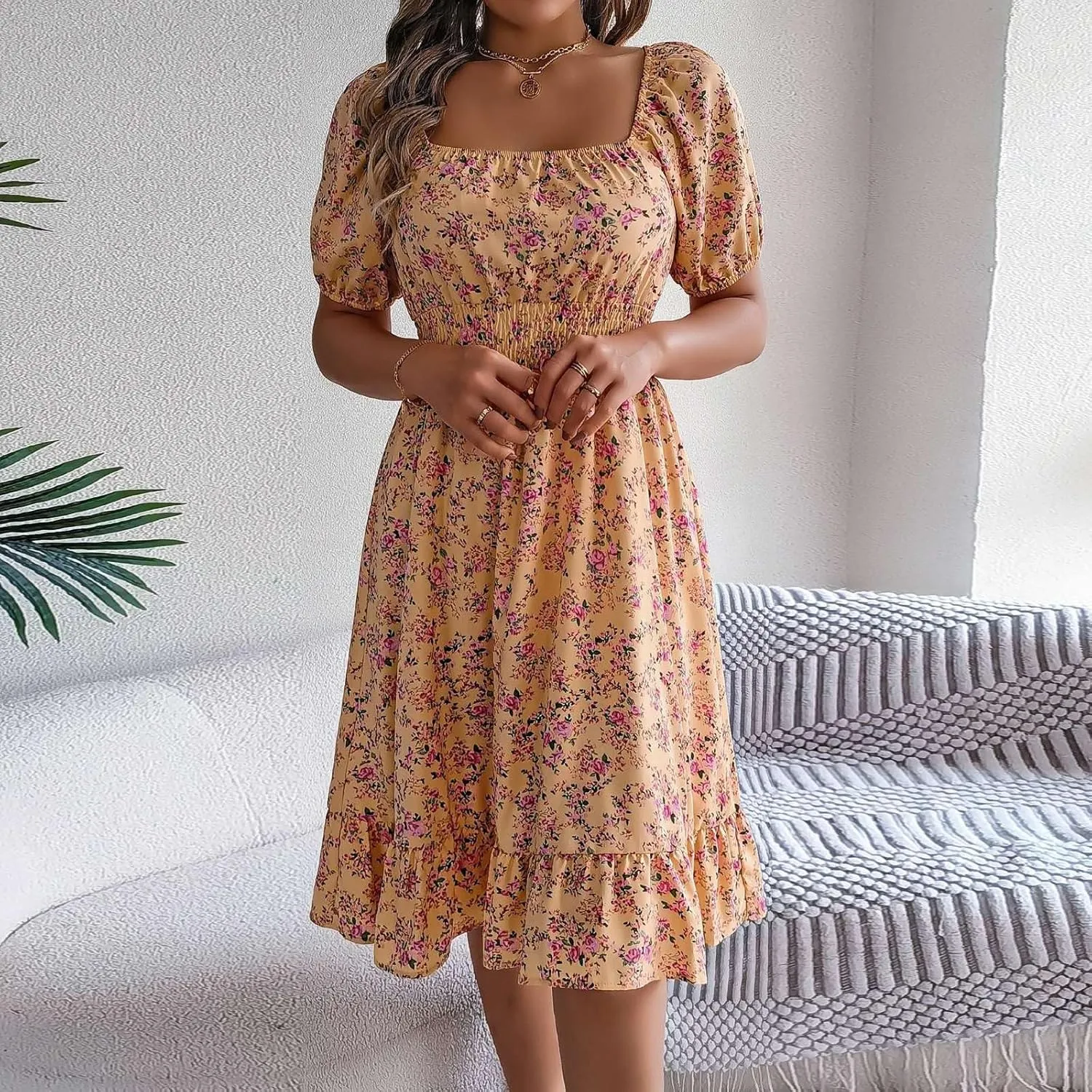 Women's Summer Casual Loose Trendy Sun Dress Square Neck Short Sleeve Floral Print Boho Dresses, S-XL
