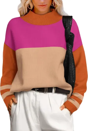 XIEERDUO Fall Sweaters for Women 2024 Turtleneck Oversized Batwing Long Sleeve Knit Pullover Plain/Color Block
