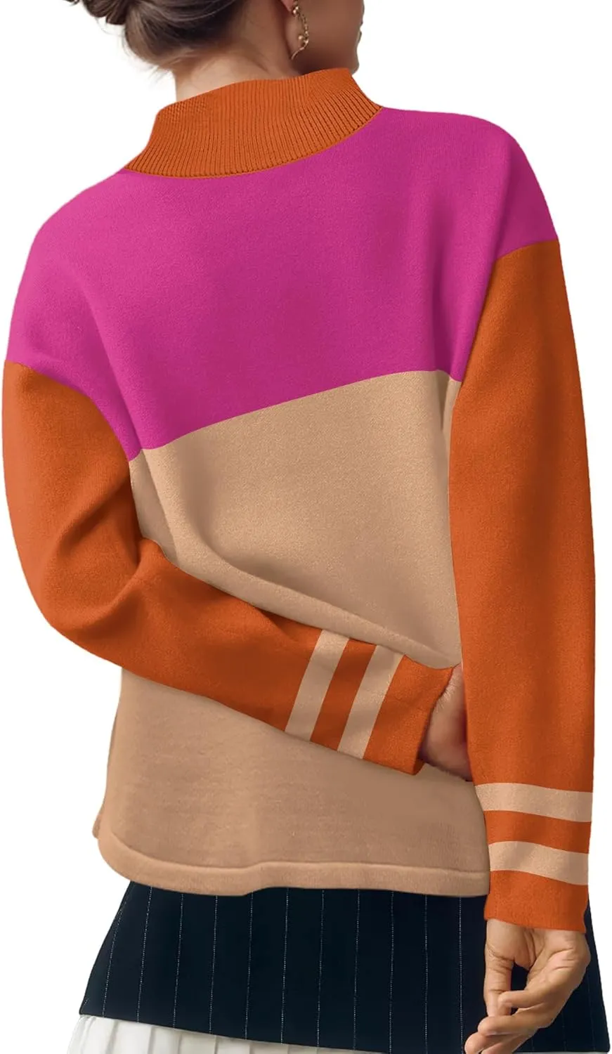XIEERDUO Fall Sweaters for Women 2024 Turtleneck Oversized Batwing Long Sleeve Knit Pullover Plain/Color Block