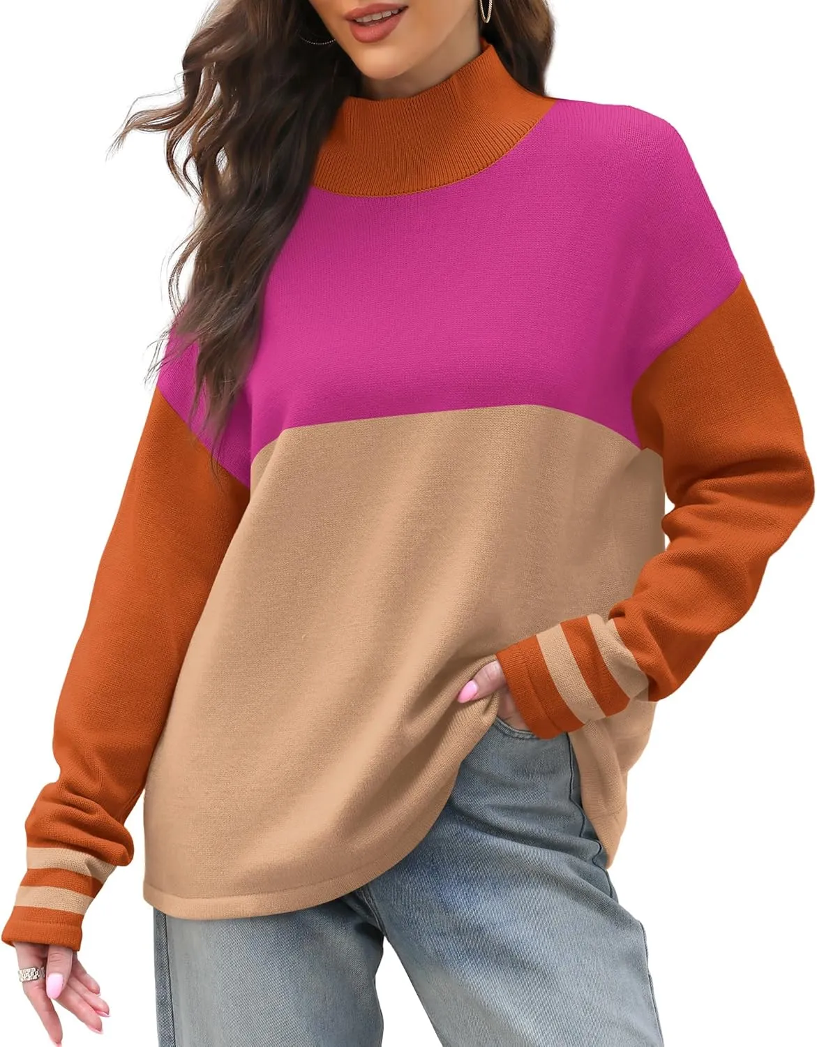 XIEERDUO Fall Sweaters for Women 2024 Turtleneck Oversized Batwing Long Sleeve Knit Pullover Plain/Color Block