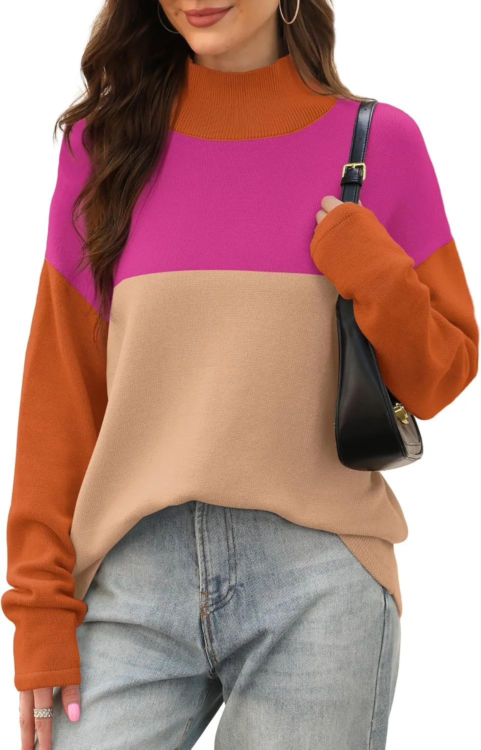 XIEERDUO Fall Sweaters for Women 2024 Turtleneck Oversized Batwing Long Sleeve Knit Pullover Plain/Color Block