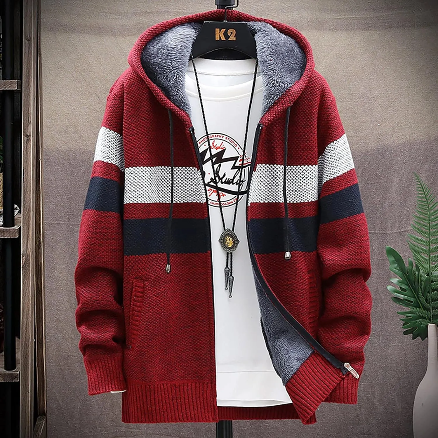 Ymosrh Flannel Jackets for Men Men's Fall and Winter Casual Sweater Jacket Warm Knit Sweater Hooded Hoodie Jackets