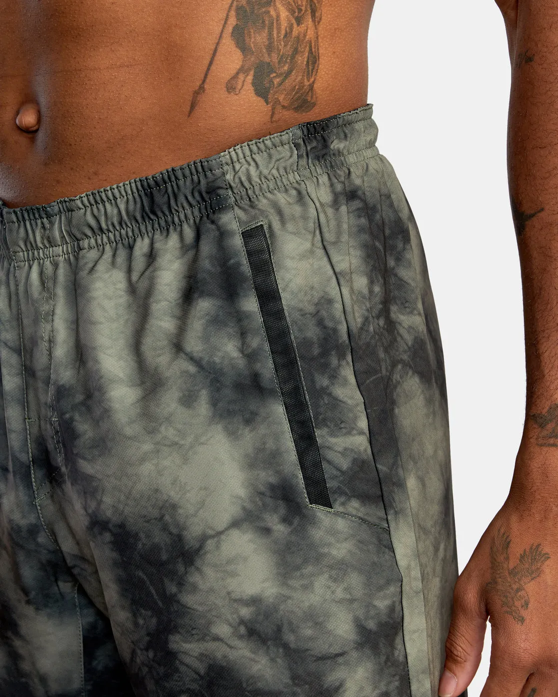 Yogger Stretch Elastic Waist Shorts 17" - Olive Tie Dye